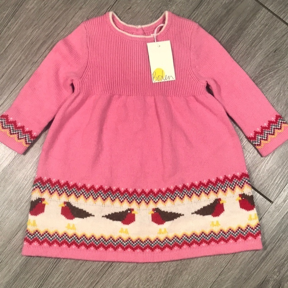Baby‎ Boden NWT Pink Fair Isle Bird Long Sleeve Sweater Dress size 6-9months